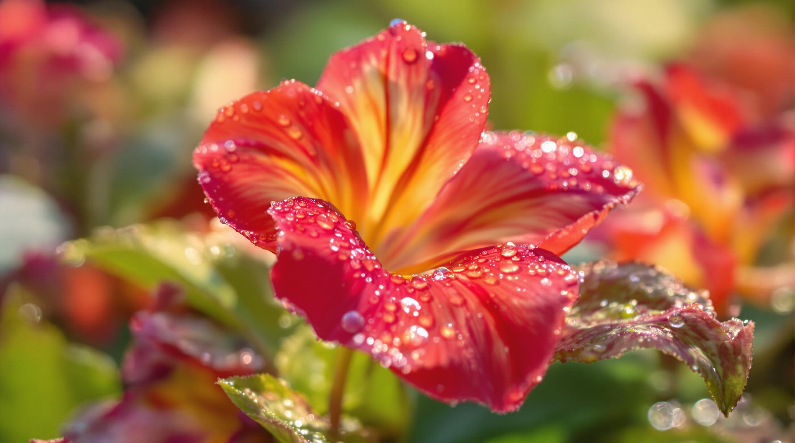 Red and yellow flower with water droplets