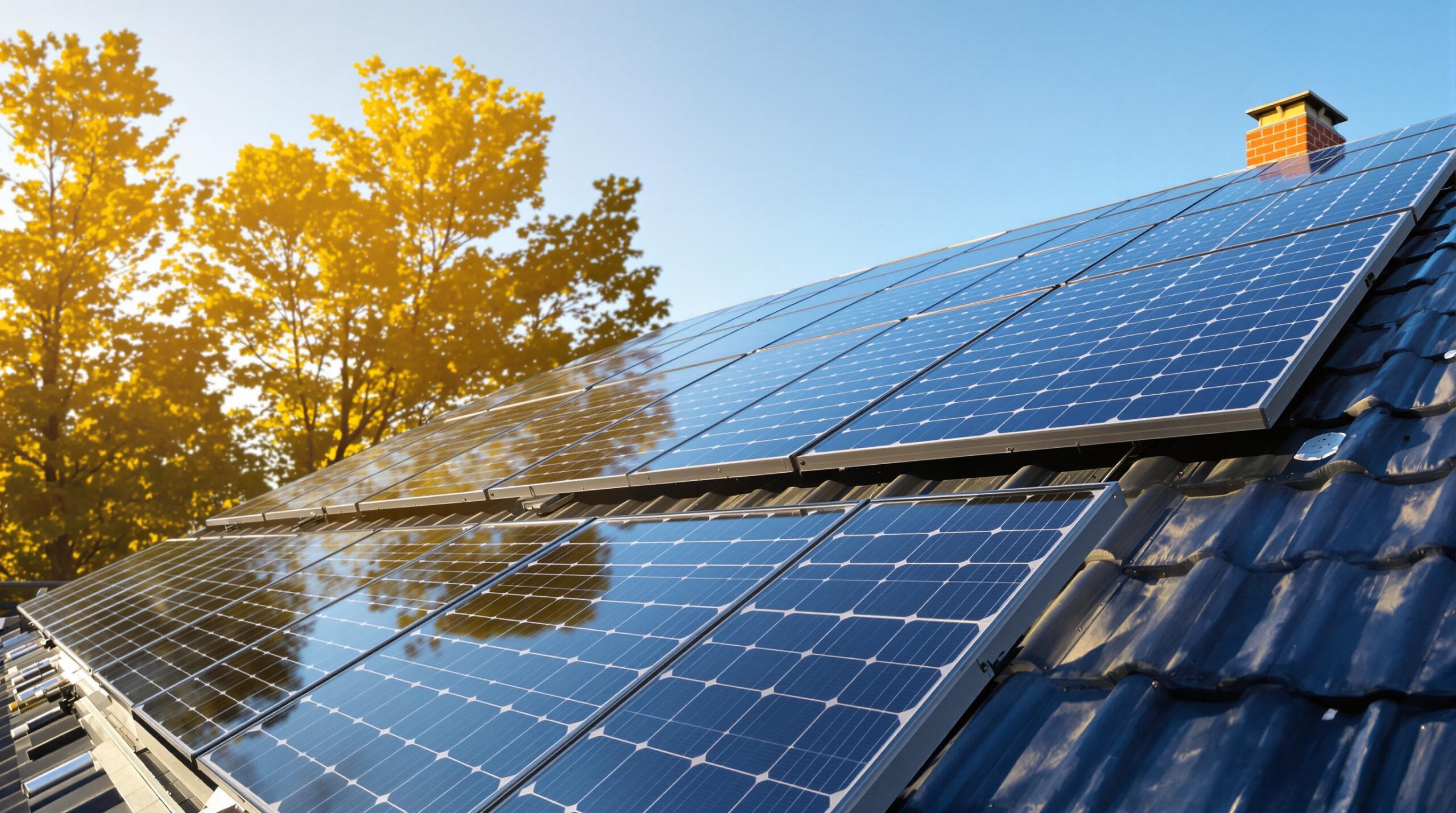 Solar panels on a roof with autumn trees