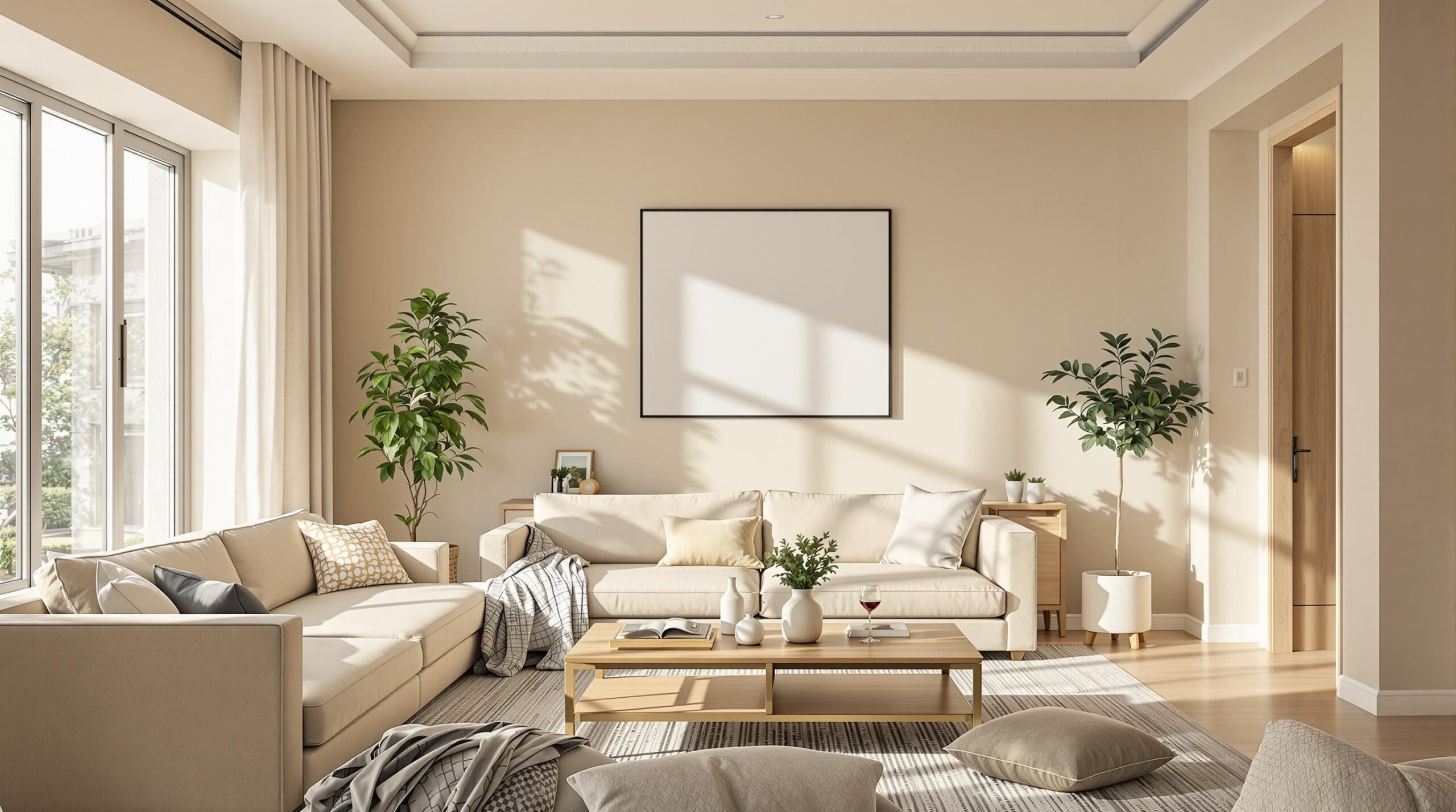 Meubles en Chêne clair : quelle couleur de mur choisir ? 7 Modern living room with beige sofa and blank frame.