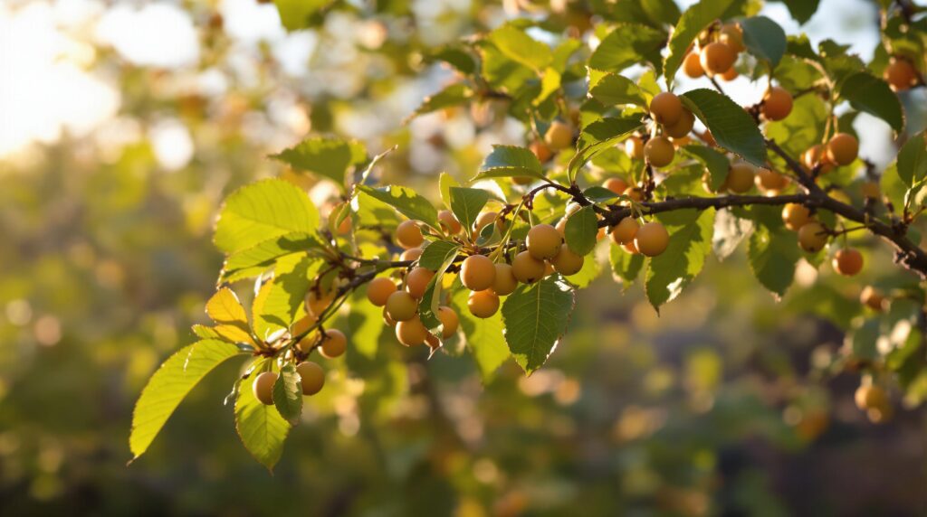 Branch with yellow cherries and green leaves.