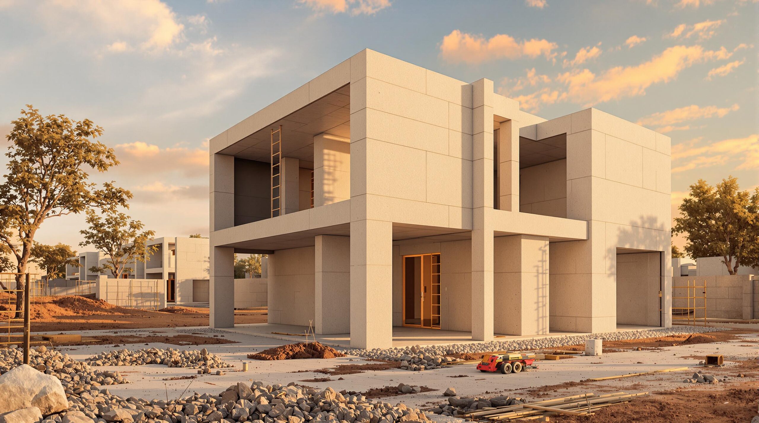 Construction site with modern house frame and toy truck.