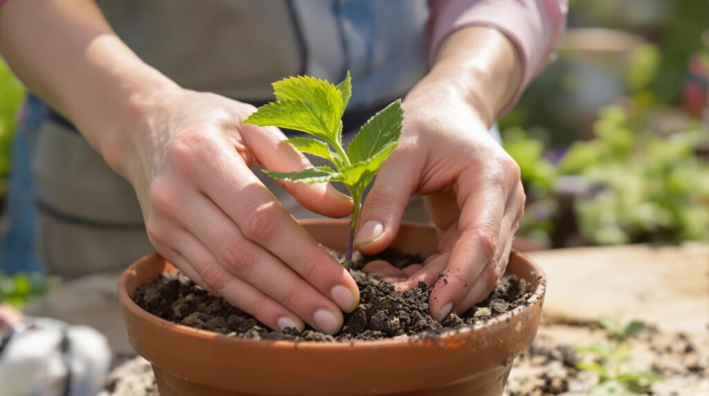Planting a seedling in a pot