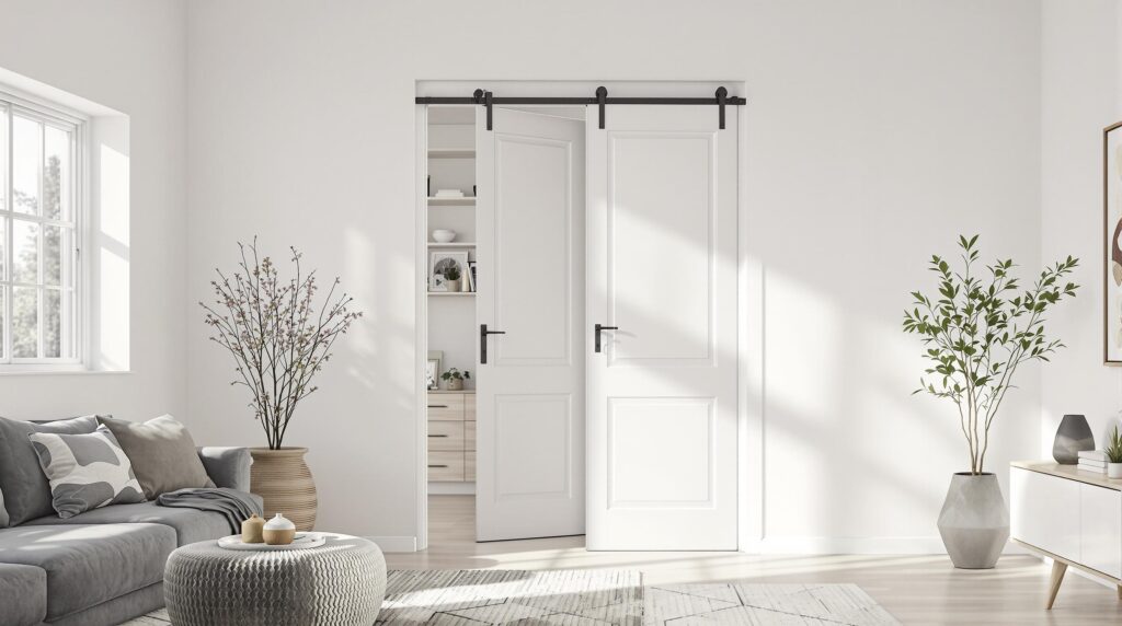 Modern living room with sliding barn doors.