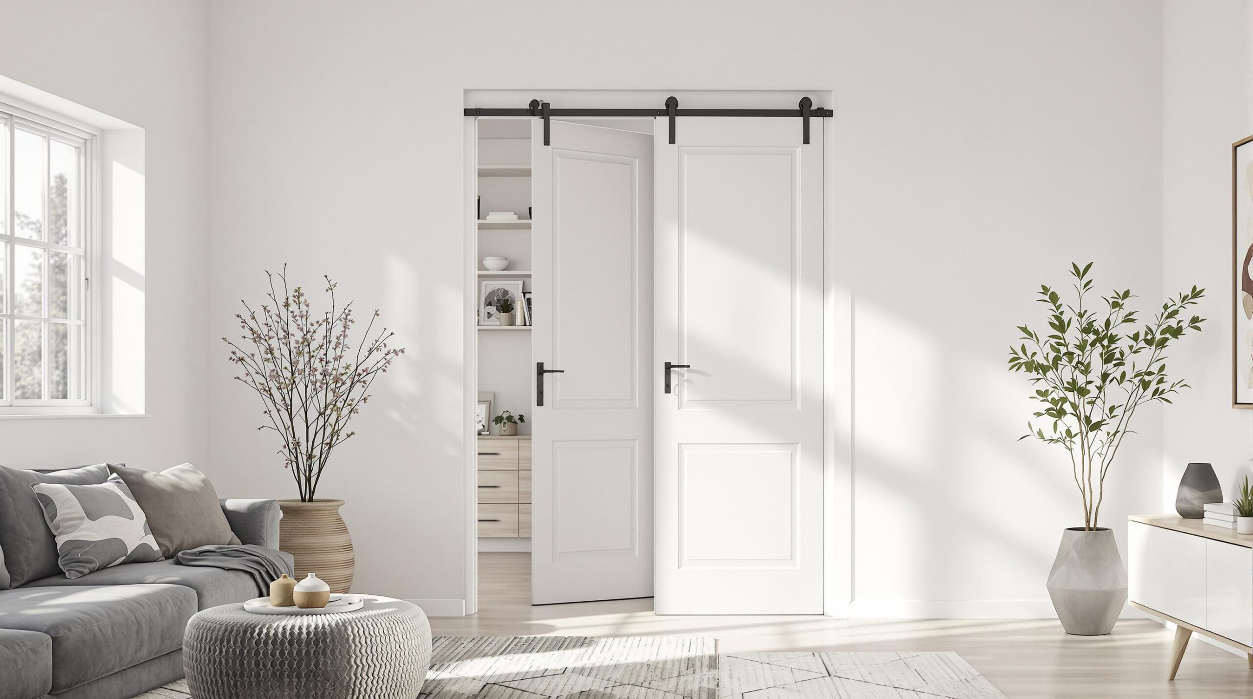 Modern living room with sliding barn doors.