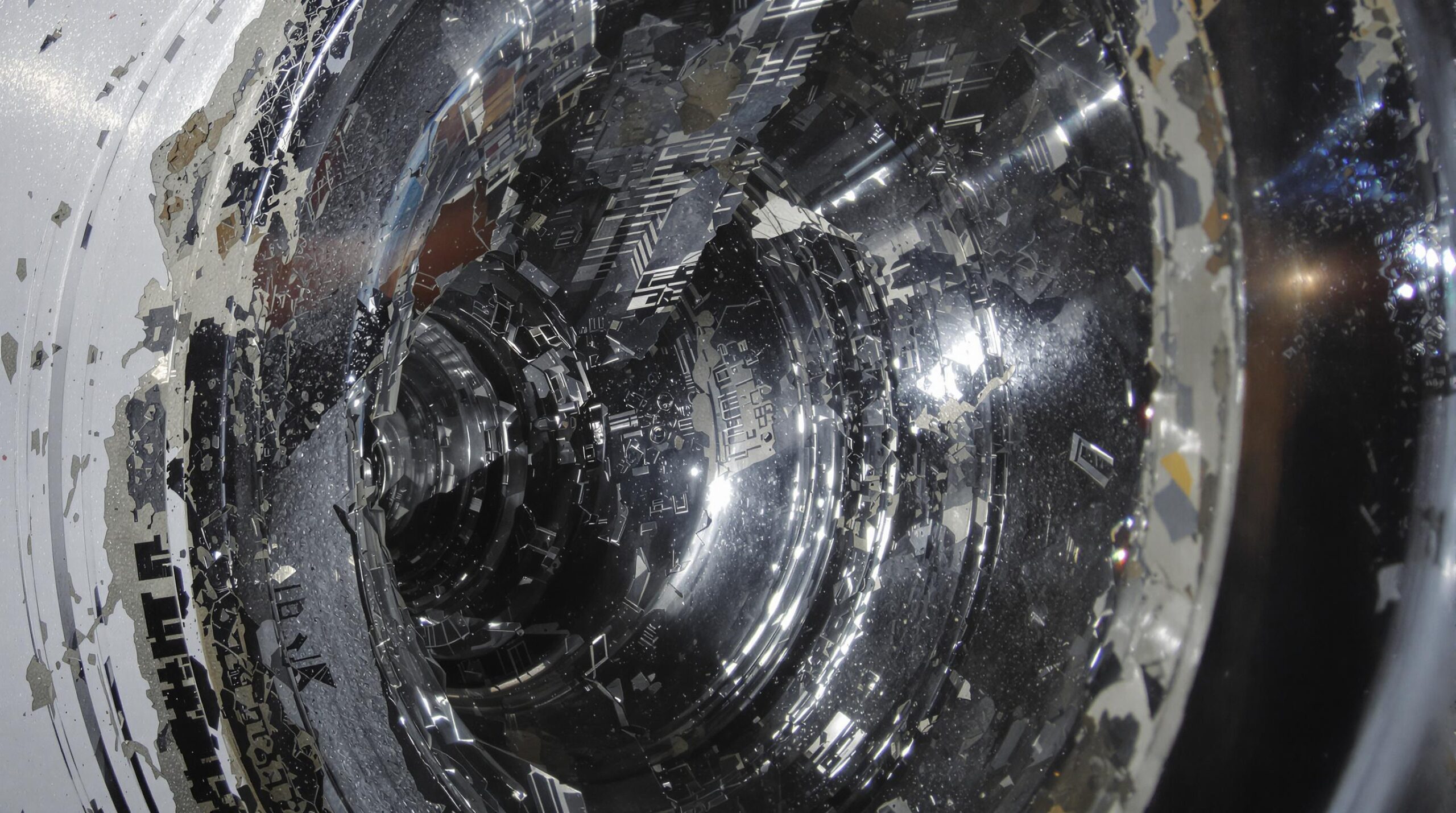 Detailed macro shot of a damaged, reflective surface with circuit-like patterns.