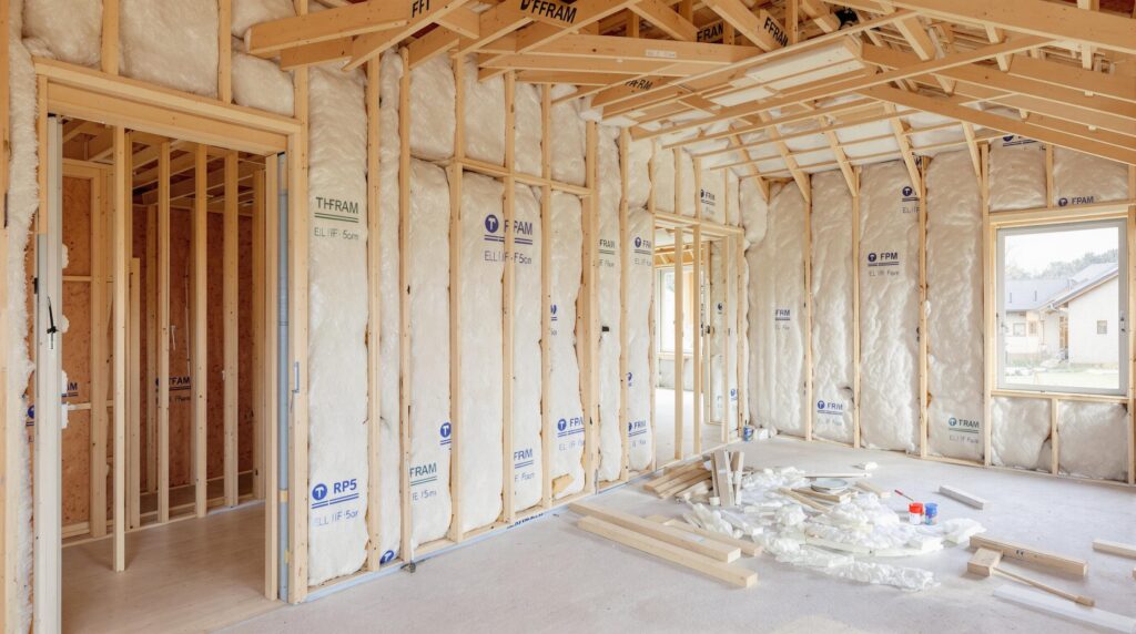Interior construction with insulation and wood framing.