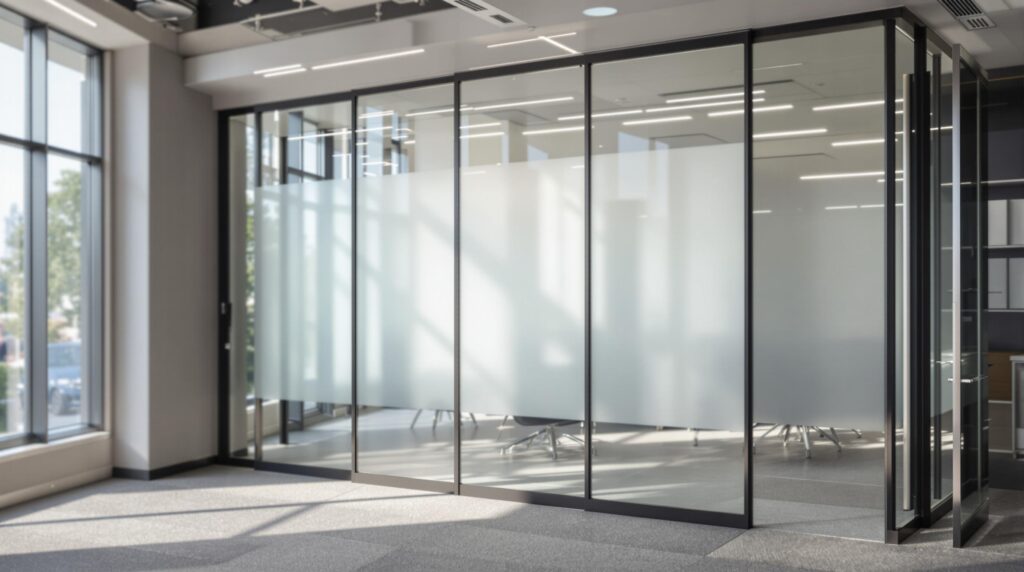 Cloison amovible : optimiser l'espace sans travaux 2 Office interior with frosted glass partition.