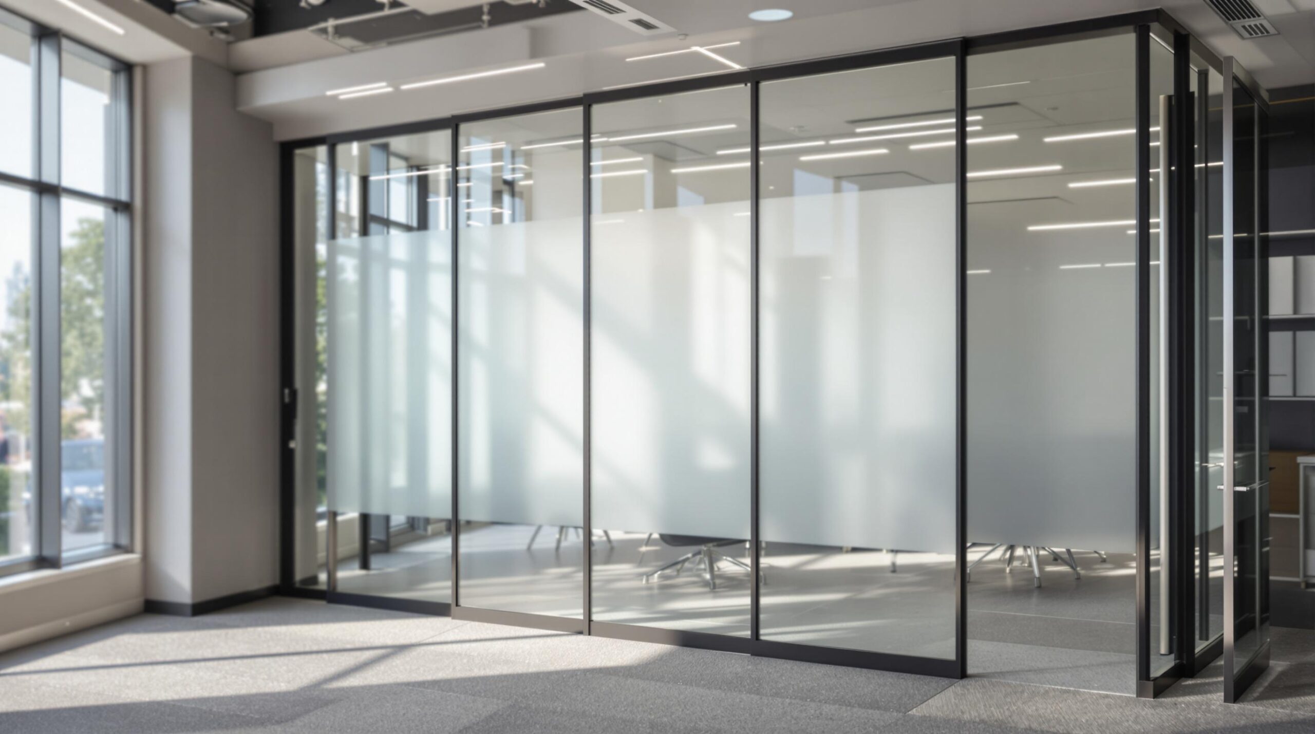 Office interior with frosted glass partition.