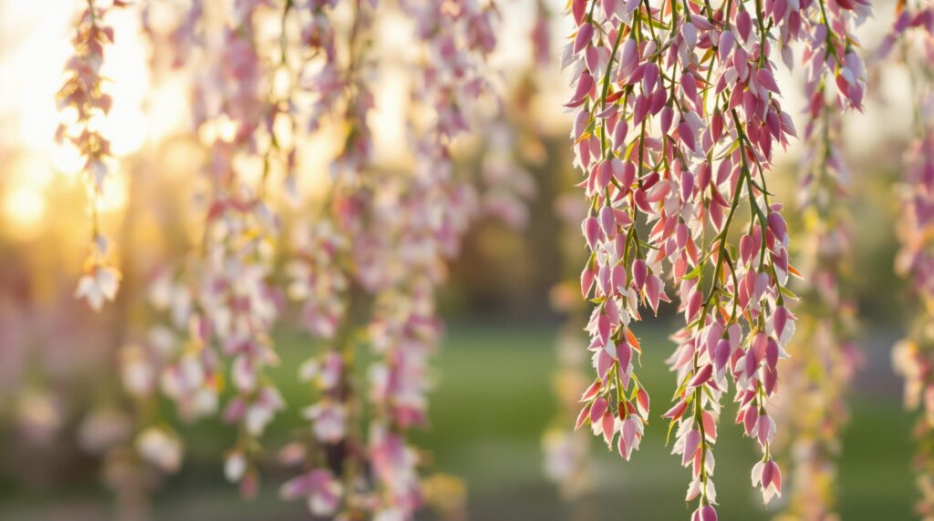 Saule crevette : arbuste coloré pour petits espaces 2 Pink and white hanging flowers