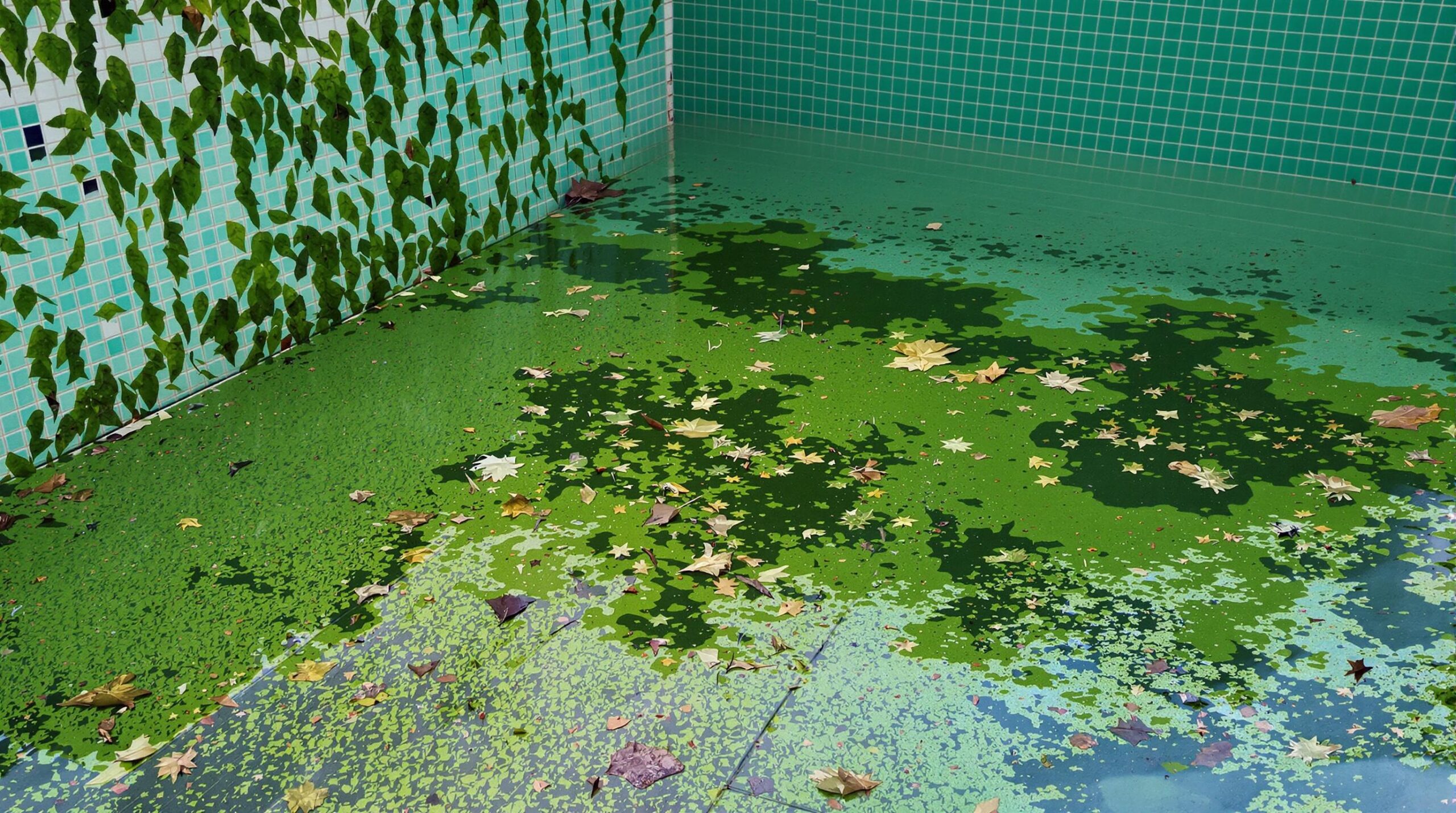 Abandoned pool filled with algae and leaves.