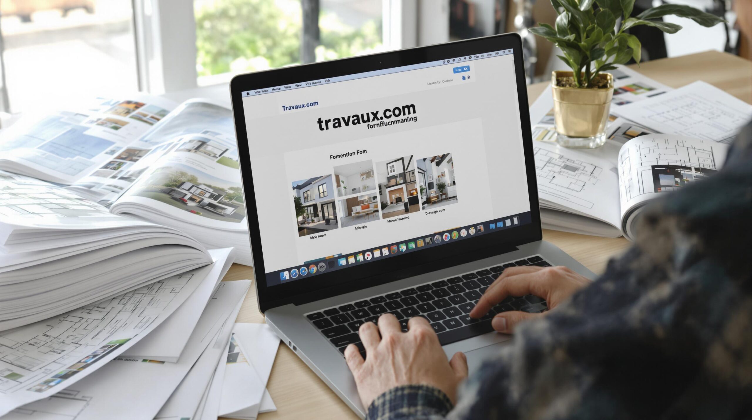 Working on a laptop with Travaux.com website open.