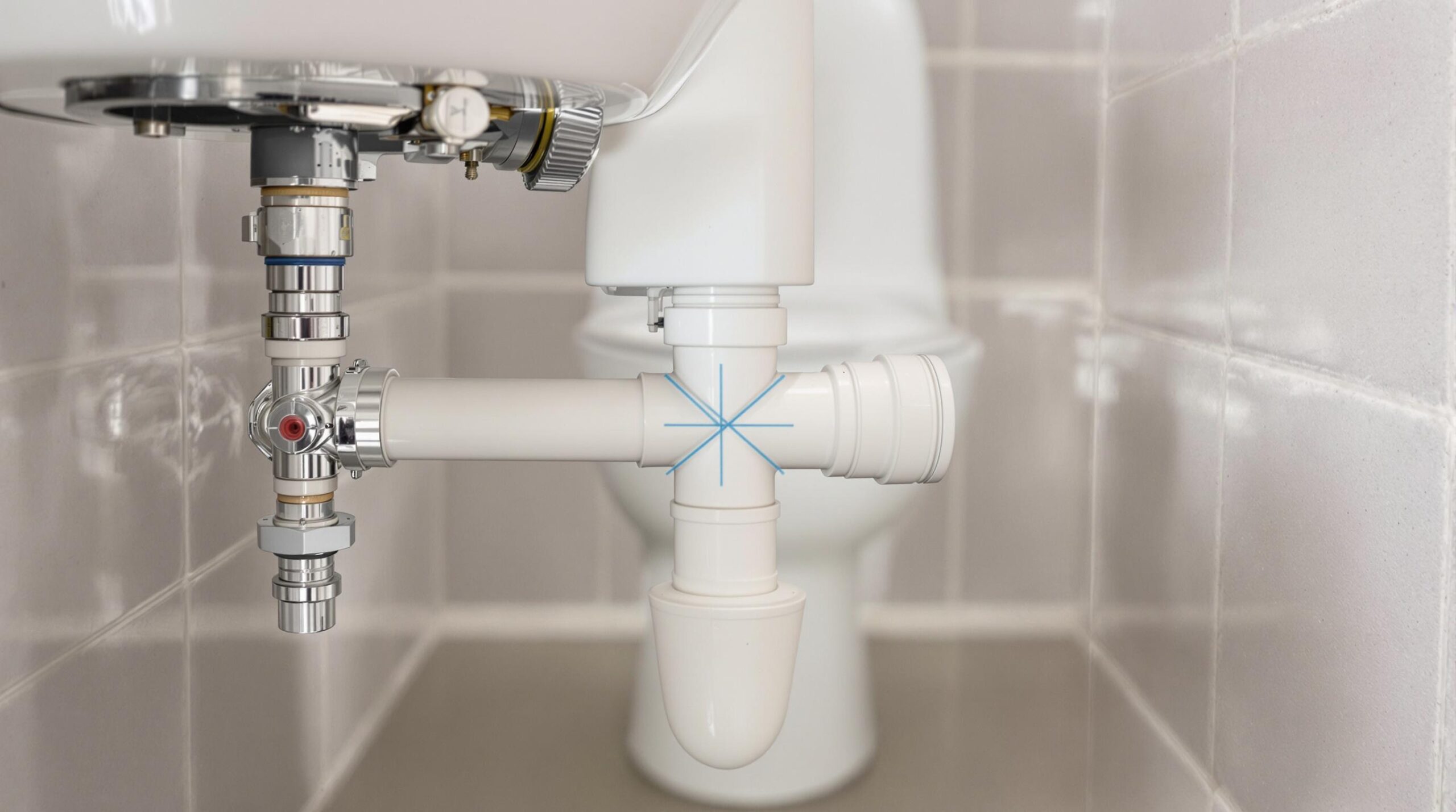 Pente WC : normes DTU contre odeurs et bouchons 6 Plumbing under a sink with a toilet in the background.