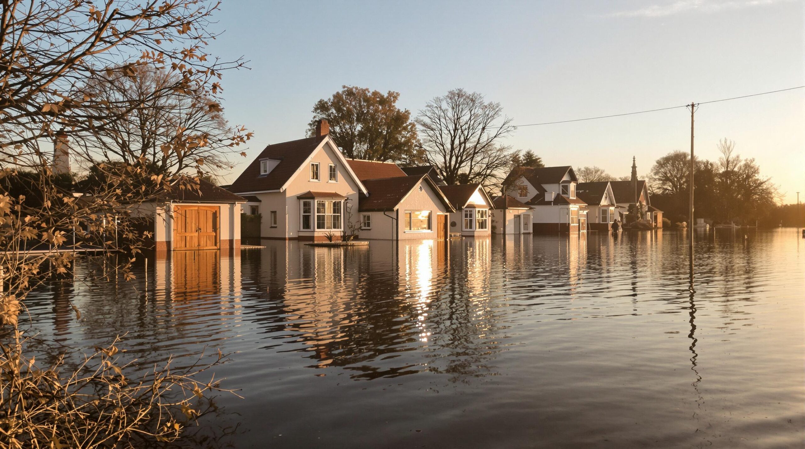 Flooded houses at sunset.