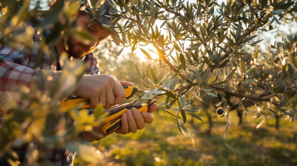 Man pruning olive tree branch with shears.