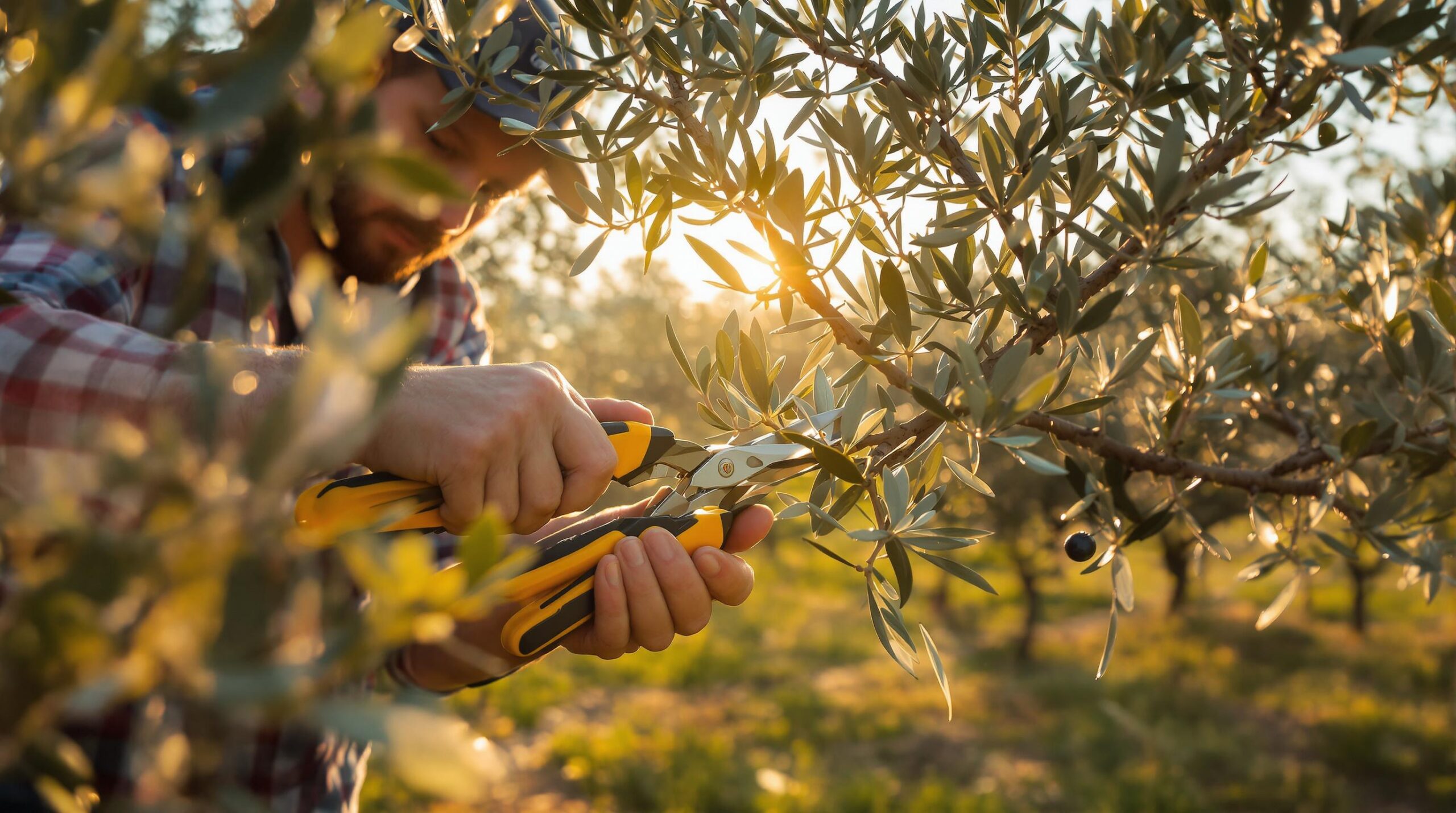 Man pruning olive tree branch with shears.
