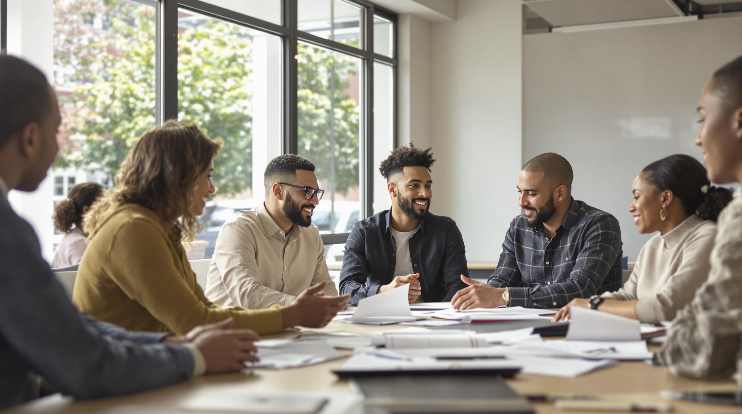 Diverse group of professionals in a meeting.