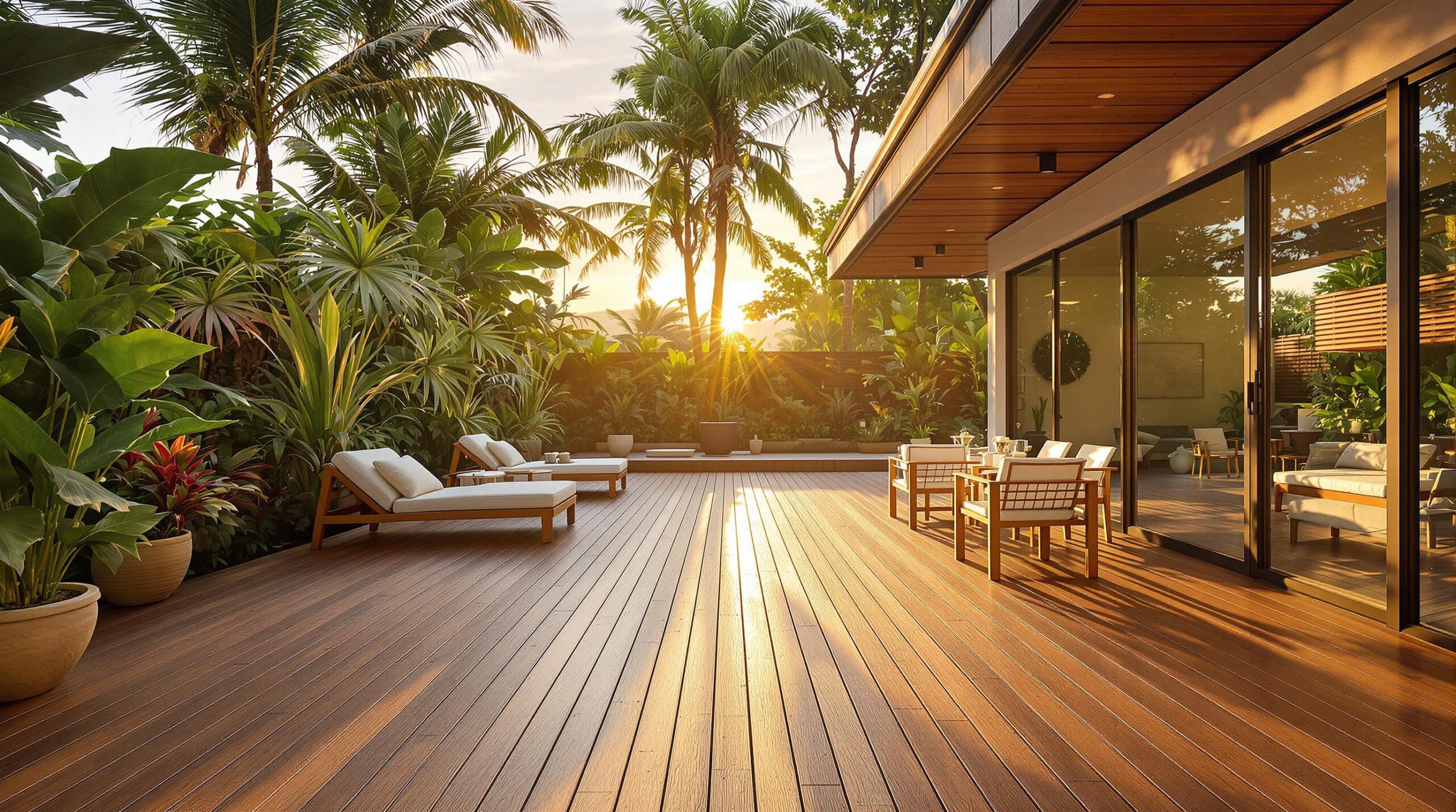 Luxury patio with wooden deck and tropical plants at sunset