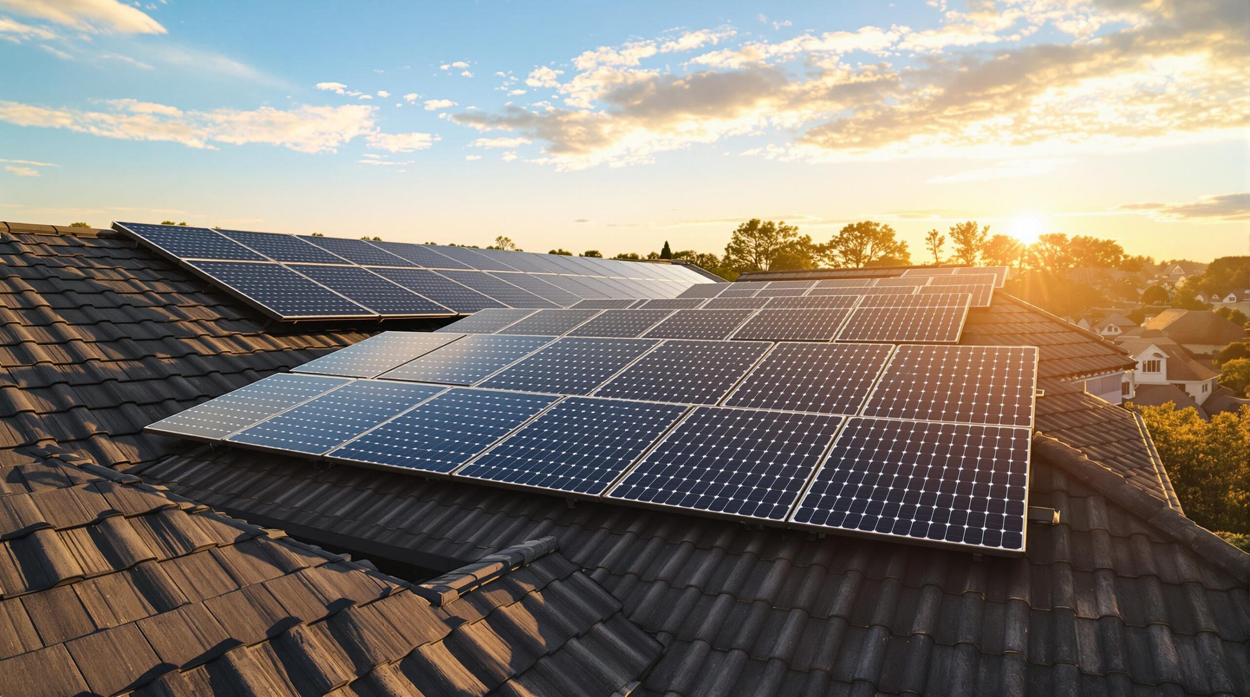 Solar panels on a rooftop at sunset.