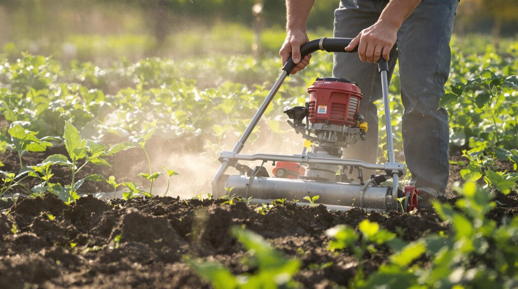 Man using a tiller in a field.
