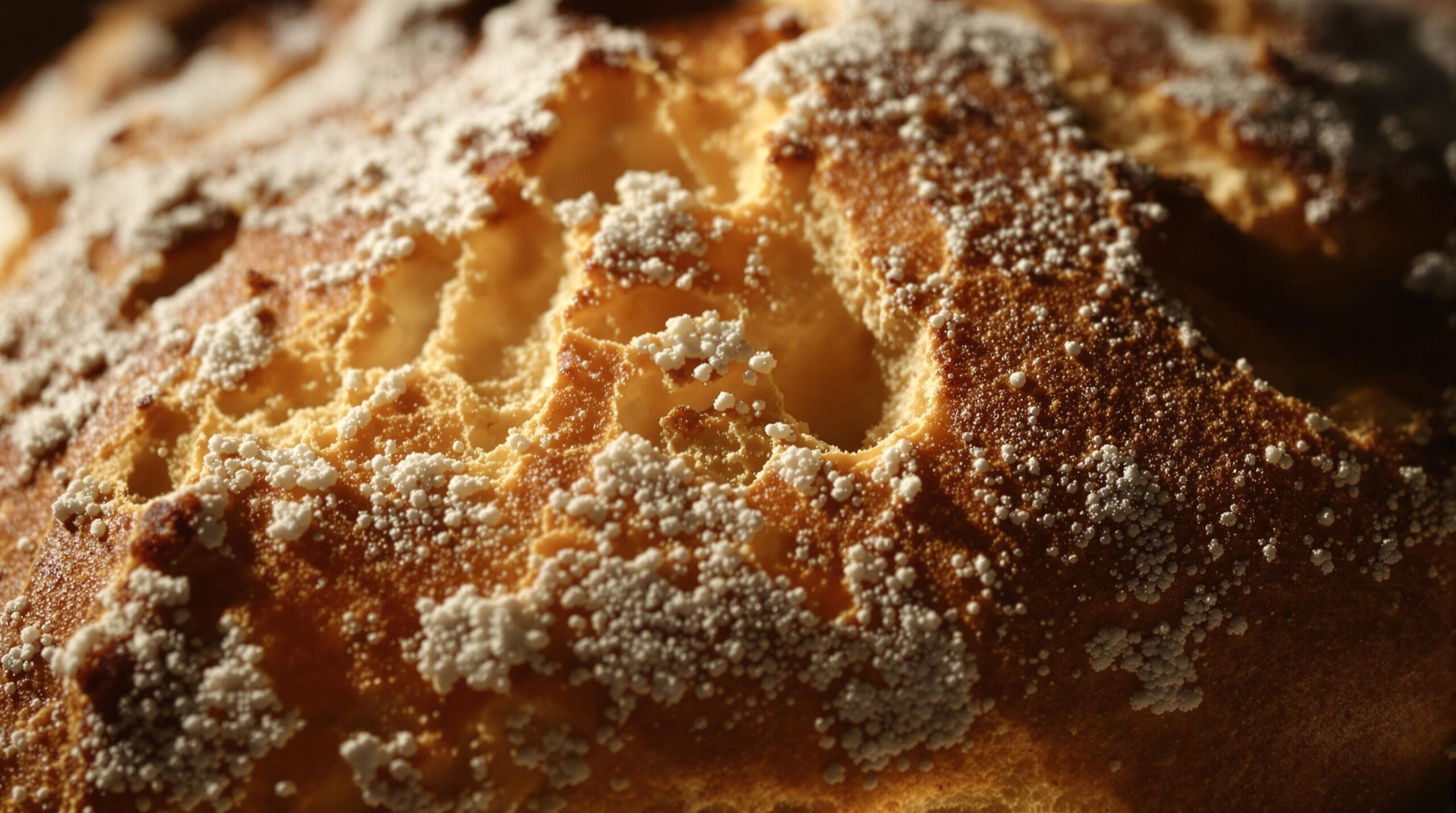 Close-up of crusty bread with powdered sugar.