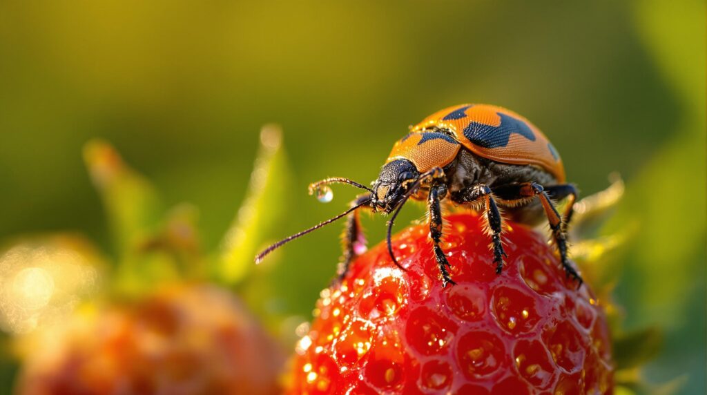 Orange beetle with black markings on a strawberry