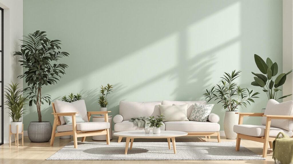 Living room with plants and neutral furniture.