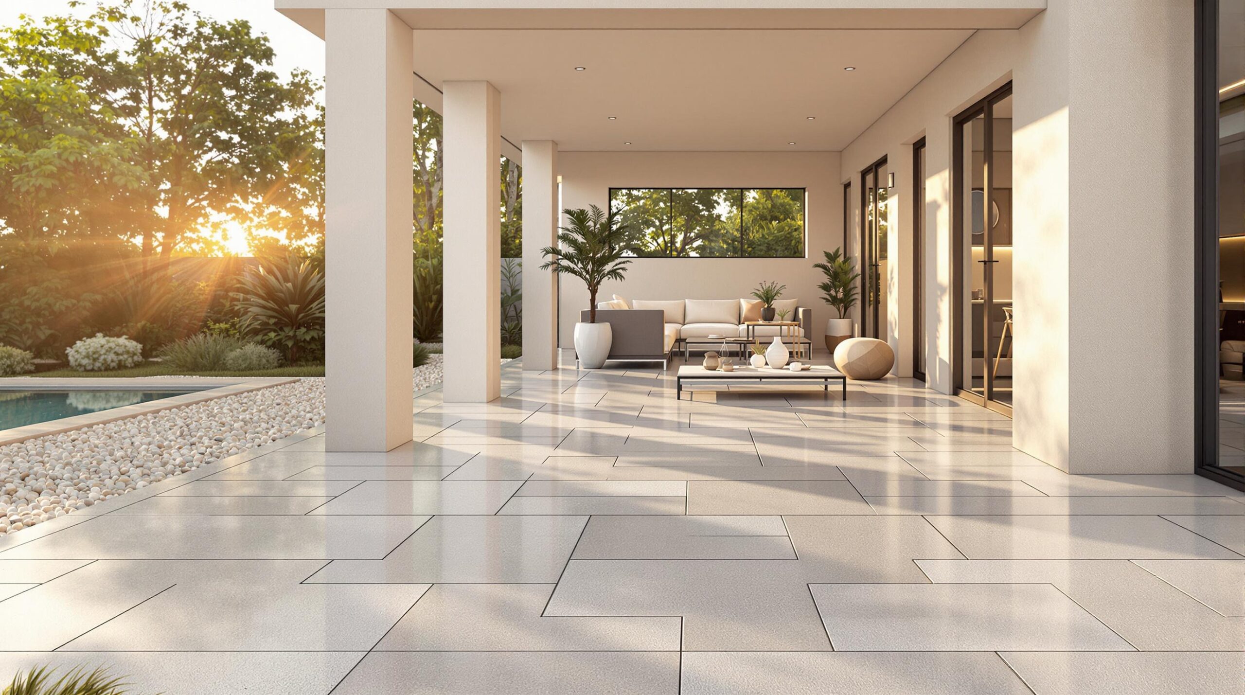 Carrelage sur plots : terrasse durable sans erreurs 7 Modern patio with pool and outdoor living space at sunset.