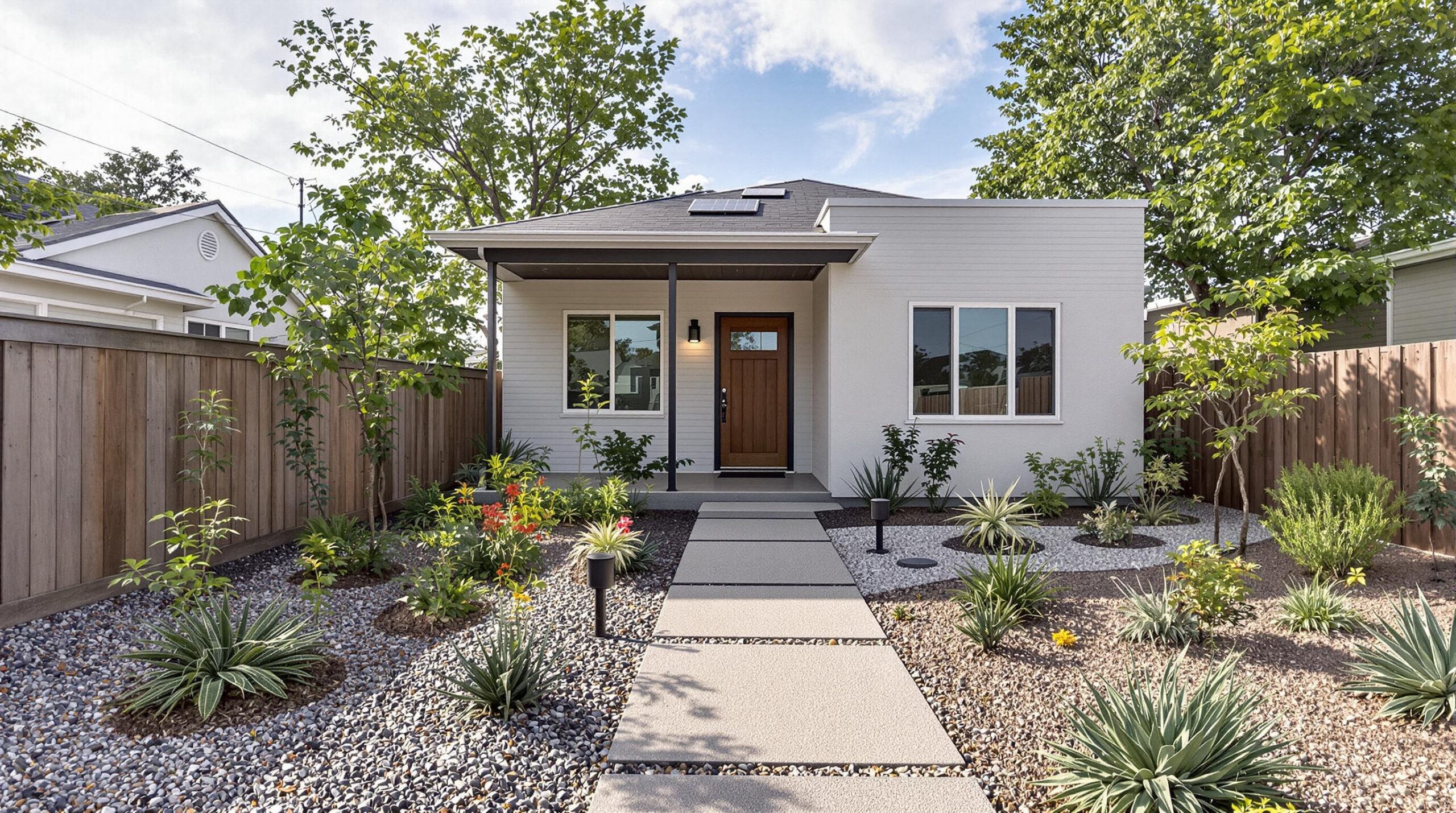 Aménagement devant maison éco : conseils clés 9 Modern house with drought-tolerant landscaping.