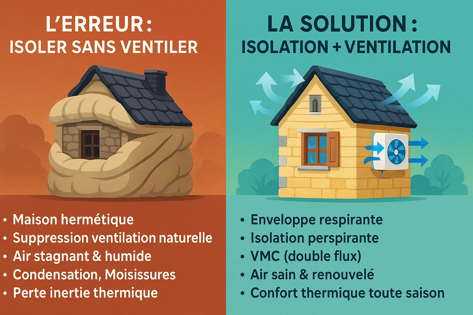 Illustration d'une maison ancienne avec système de ventilation et d'isolation