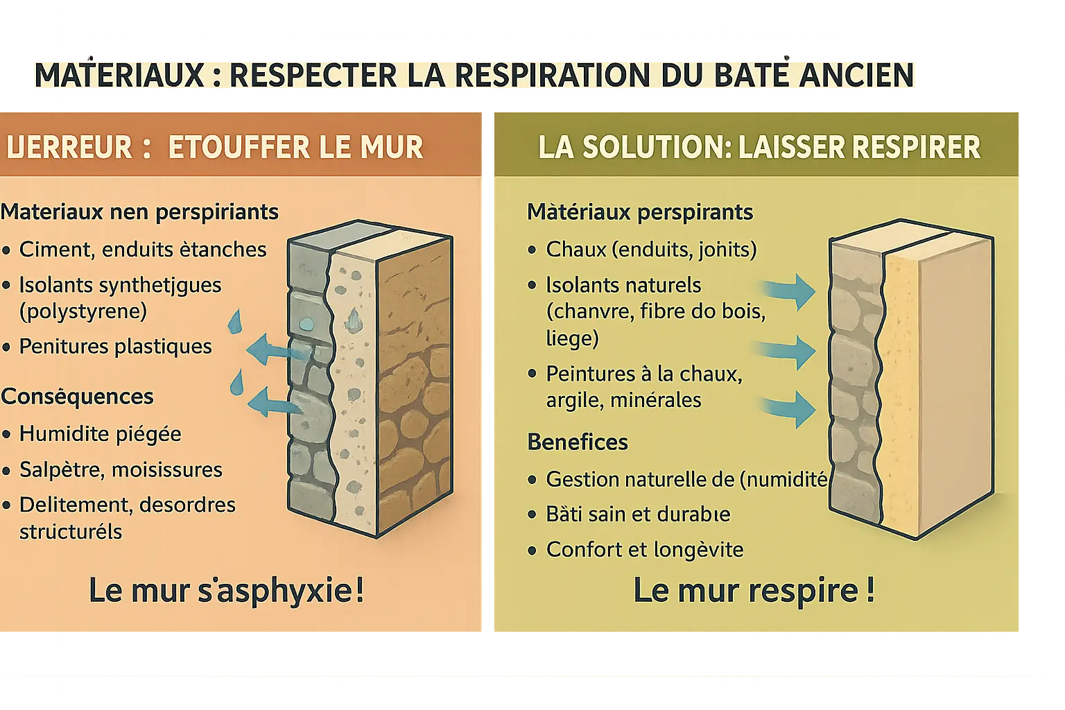 Comparaison entre un mur ancien restauré avec des matériaux traditionnels et un mur endommagé par l'usage de ciment moderne : illustration des mécanismes d'évacuation d'humidité