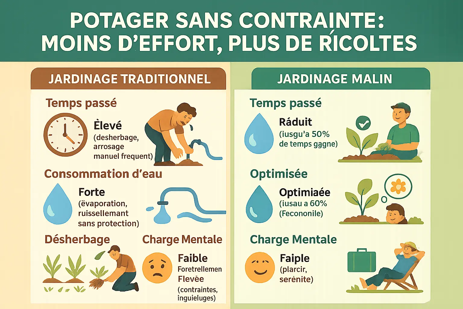 Potager en permaculture avec paillage et système d'arrosage intégré