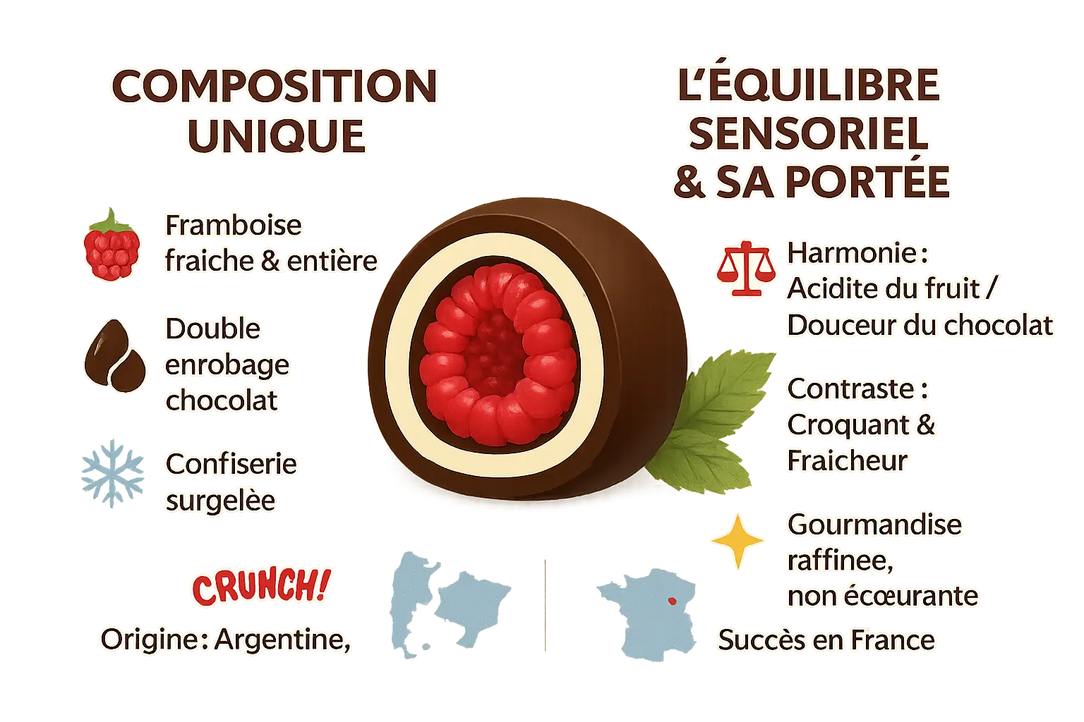 Franui : framboises fraîches enrobées de deux chocolats