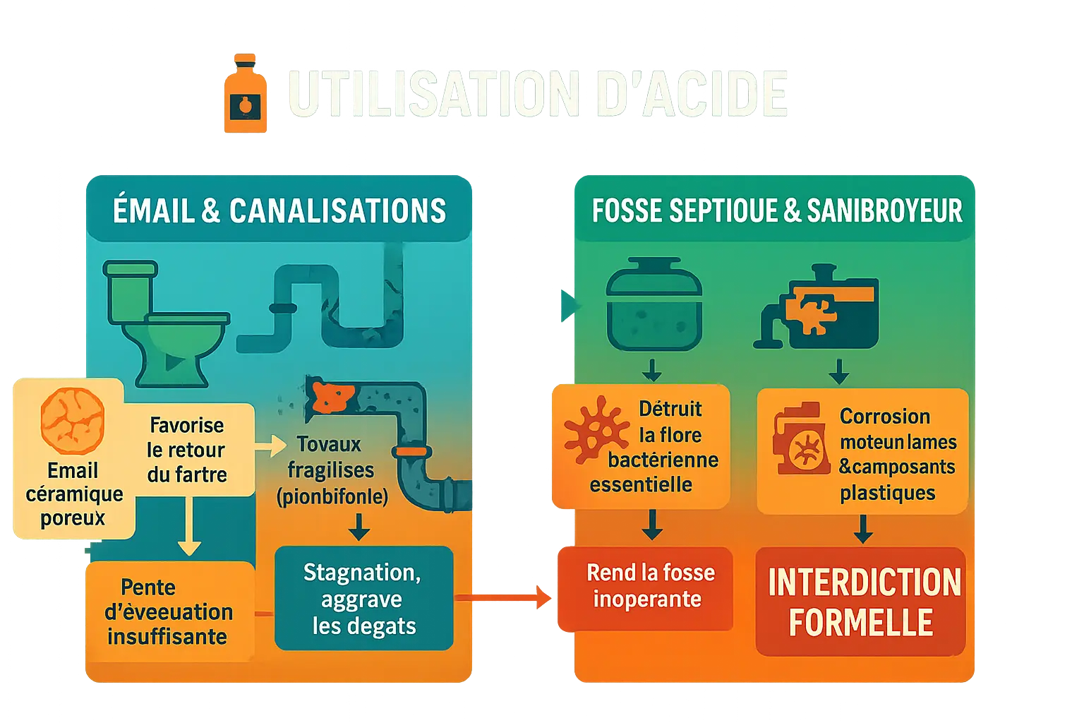 Schéma montrant l'impact de l'acide chlorhydrique sur les canalisations et la fosse septique