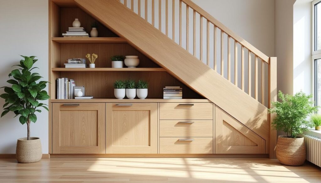 découvrez comment maximiser l'espace sous votre escalier avec des solutions de rangement pratiques et esthétiques adaptées à tous les intérieurs.