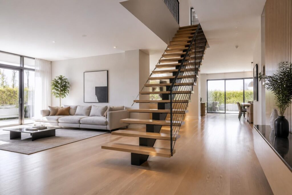 découvrez comment aménager un escalier au milieu de votre salon tout en préservant une circulation fluide et harmonieuse.